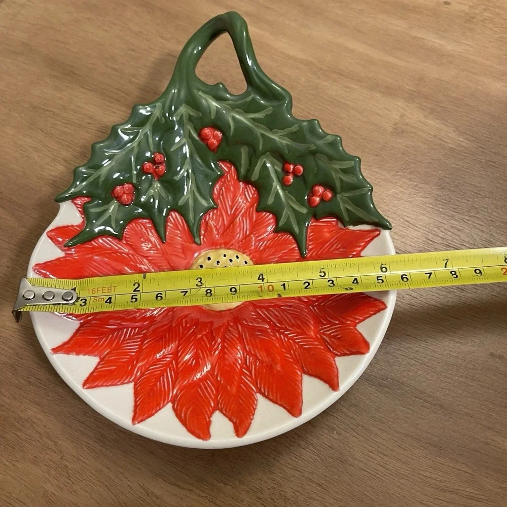 Vintage Handmade Holiday Christmas Trinket Dish Holly Poinsettia‎ Hand Painted